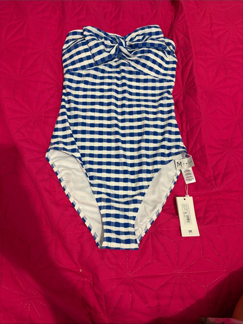 Milly Blue and White Gingham One-Piece Swimsuit Jacquard cottage Bow one piece